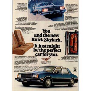 1980 Buick Skylark Sedan Vintage Print Ad Snow Storm Trunk Packed 80s Wall Art